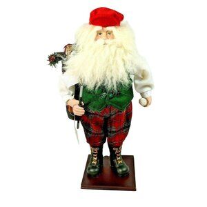 Golfing Santa Claus Figurine On Wood Base With Red Hat & Plaid Pants 16 Inches